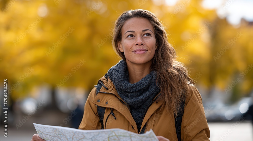 Naklejka premium A young woman stands outdoors in an autumn landscape, looking at a map with a thoughtful expression. The scene is vibrant with yellow leaves.
