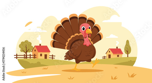 A cheerful cartoon turkey with vibrant brown and orange tail feathers walks across a rustic farm landscape under a sunny sky.