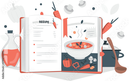 Open recipe book with ingredients and cooking pot cookbook