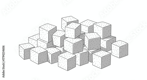A minimalist black and white hand-drawn illustration depicting a randomly piled heap of textured sugar cubes with subtle shadows.