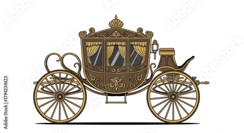 An exquisitely designed, ornate royal carriage, reminiscent of a fairytale or historical aristocratic transport, with golden accents.