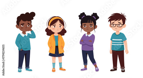 Four diverse young children stand together, displaying expressions of sadness, disappointment, or feeling upset.