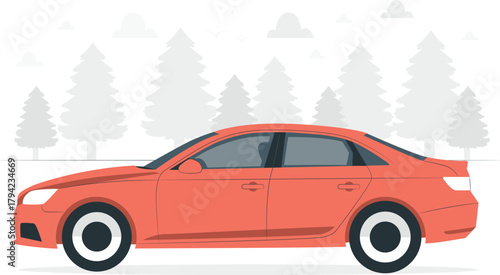 Orange sedan car parked in front of stylized trees and clouds automobile vehicle