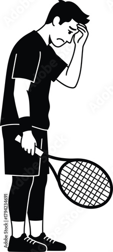Tennis Player Silhouette – Athlete in Contemplative Pose with Racket in Black and White