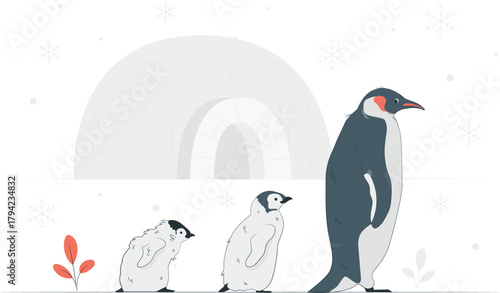 Penguin Family In Front Of Igloo With Snowflakes penguins baby