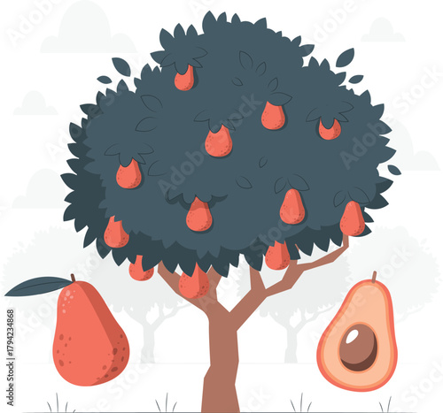 Pear tree laden with ripe pears and scattered fruit tree harvest