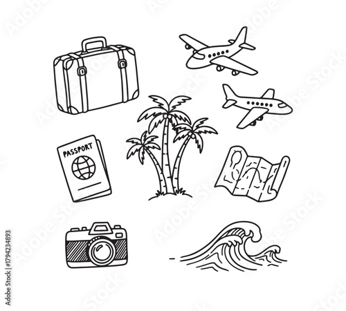 Travel and adventure doodle set including vintage suitcase passport camera palm trees airplanes maps and ocean waves outlining essential items for a vacation trip