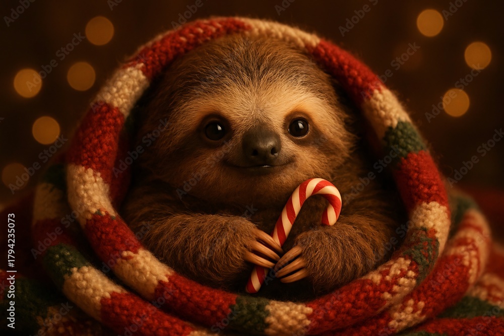 Fototapeta premium Adorable Sloth Wrapped in a Cozy Christmas Blanket Holding a Candy Cane