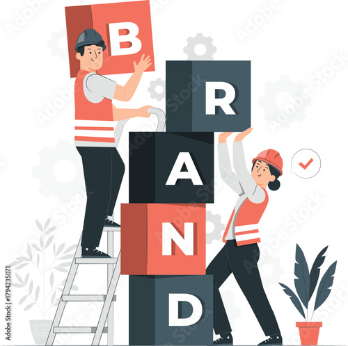 People building a brand with letter blocks and construction gear branding teamwork