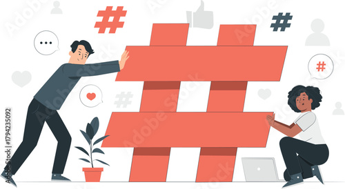 People Building a Large Hashtag Symbol Illustration social media networking