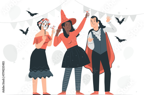 People in Halloween costumes celebrating at a party celebration