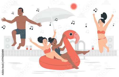 People jumping and relaxing in pool with flamingo float pool party summer