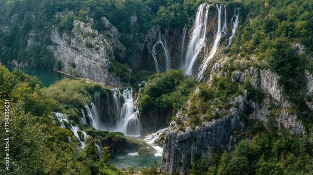 Obraz premium Majestic Waterfalls Flowing Through Lush Greenery in a Tranquil Natural Landscape