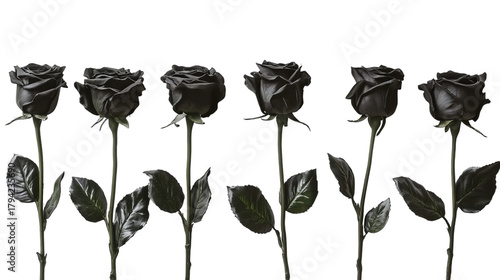 A striking arrangement of six black roses .
