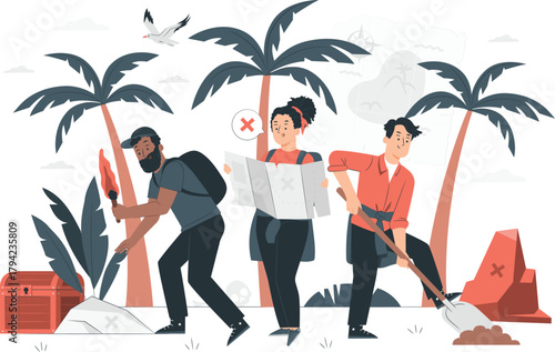People searching for treasure on a tropical island with a map Keywords: treasure, map, island