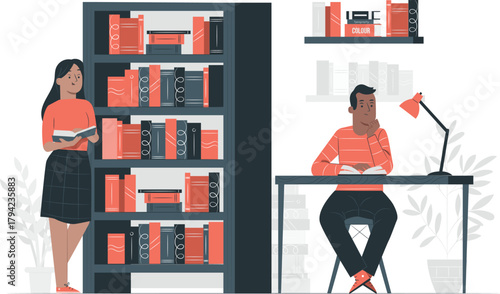 People studying and reading in a library with bookshelves and a desk bookshelf