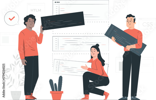 People working with code on screens and plants coding programming