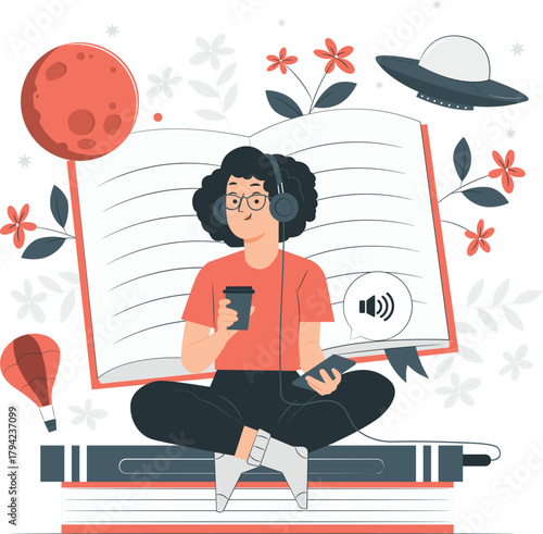 Person Listening to Audiobook with Headphones and Coffee Surrounded by Books and Space Elements