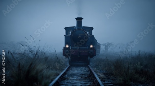 Vintage steam train emerging from fog, creating a mysterious atmosphere along the railway tracks in eerie landscape