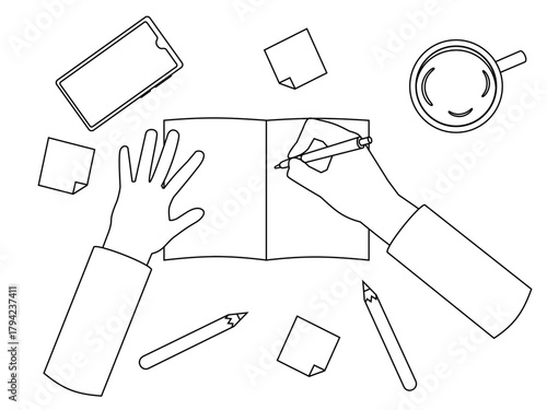 Outline-style illustration of hands creating a daily plan in a journal.