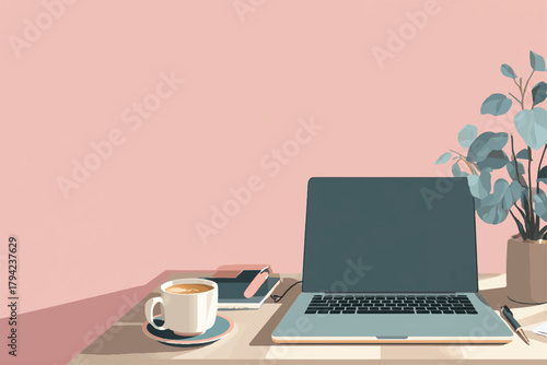 Cozy workspace with laptop coffee and plant for remote work success