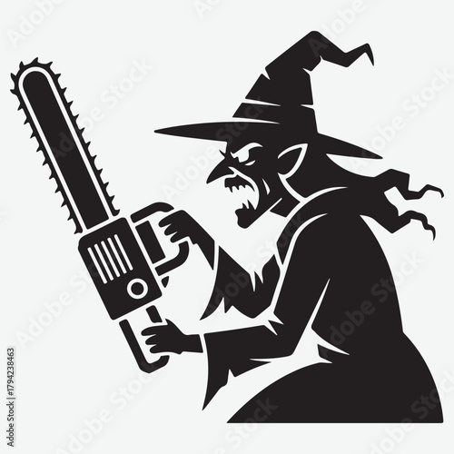 Wicked Witch with Chainsaw - Spooky Halloween Silhouette Art