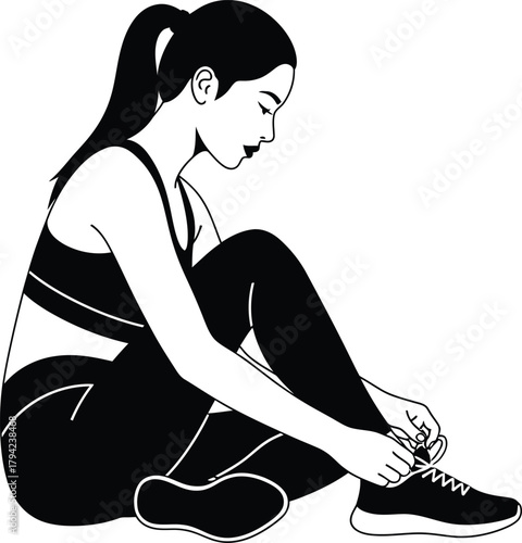 "Female Athlete Tying Shoe Silhouette – Fitness Prep Vector for Wellness, Apparel & Motivational Branding"