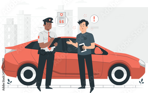 Police officer issuing a ticket to a driver near a car law enforcement traffic stop