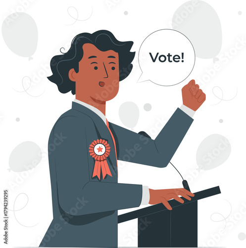 Politician speaking at podium with Vote speech bubble male