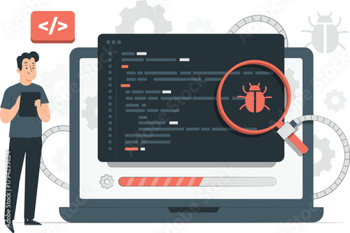 Programmer debugging code on a laptop with a bug symbol and progress bar programming coding