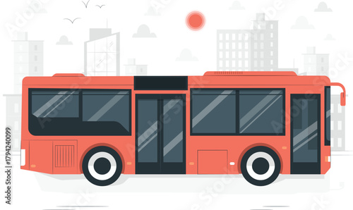 Red city bus with buildings and sun illustration public transport transportation