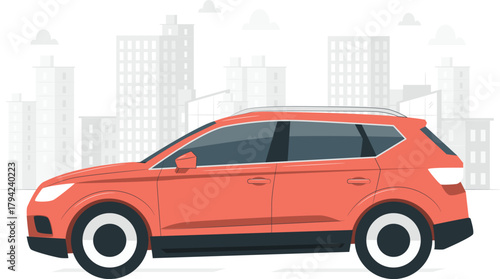 Red SUV car parked in front of a city skyline vehicle automobile