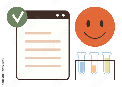 Checklist marked complete, happy face, and test tubes symbolizing success, productivity, and outcomes. Ideal for science, research, progress, evaluation achievement laboratory education themes