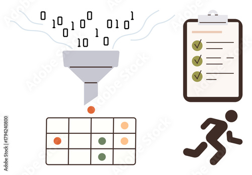 Binary input stream filtered through a funnel into organized outputs on a grid. Includes checklist and running person icon. Ideal for data processing, organization, efficiency, automation