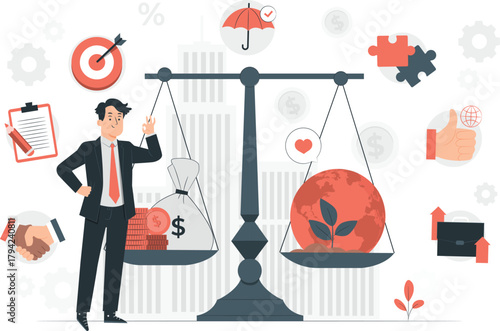 Scales balancing money bag against globe with plant balance