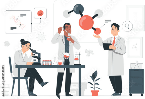 Scientists in a lab conducting experiments with molecules and DNA science laboratory