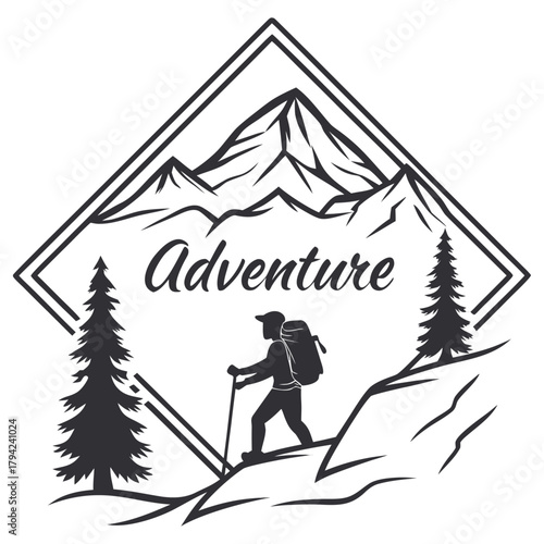 Adventure vector logo, hiker silhouette in mountains with pine trees and frame