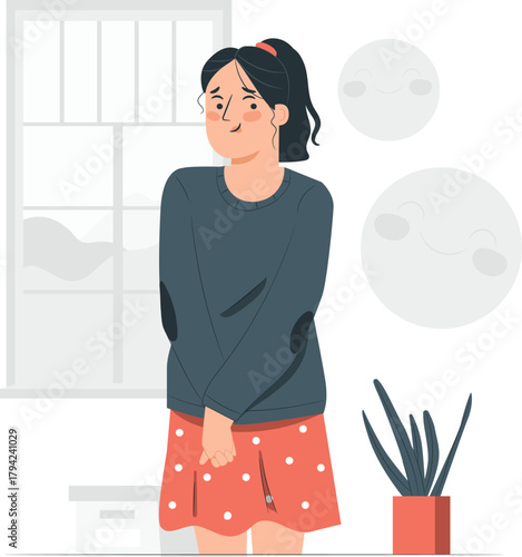 Shy Woman with Winking Face and Moon Icons embarrassed blushing