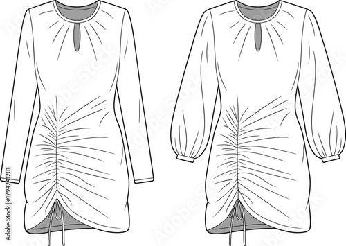 Ruched dress front view with sleeve variations, keyhole neckline, drawstring hem, cad drawing flat vector illustration, fashion sketch