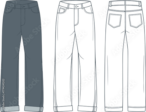 Pants front and back view, cuffed hem, yoke seam, pocket detail, cad drawing flat vector illustration, fashion sketch