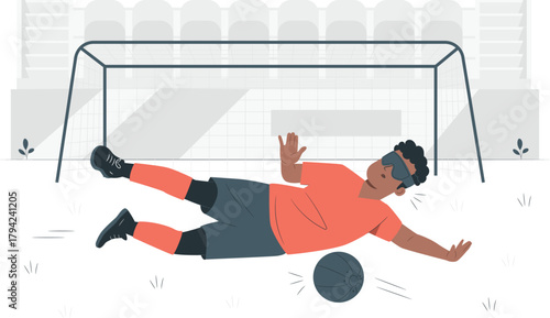 Soccer player diving to save a ball in front of a goal football goalkeeper