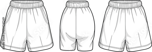 Athletic shorts front, side, back view, elastic waistband, curved pocket, seam detail, cad drawing flat vector illustration, fashion sketch