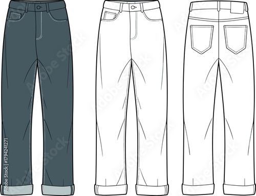 Pants front and back view, rolled cuffs, yoke seam, pocket detail, cad drawing flat vector illustration, fashion sketch