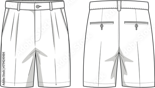 Tailored shorts front and back view, pleated front, welt pockets, belt loops, cad drawing flat vector illustration, fashion sketch