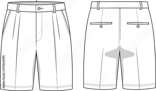 Tailored shorts front and back view, pleated front, welt pockets, belt loops, cad drawing flat vector illustration, fashion sketch
