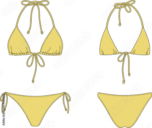 Triangle bikini front and back view, string tie detail, low-rise bottom, cad drawing flat vector illustration, fashion sketch