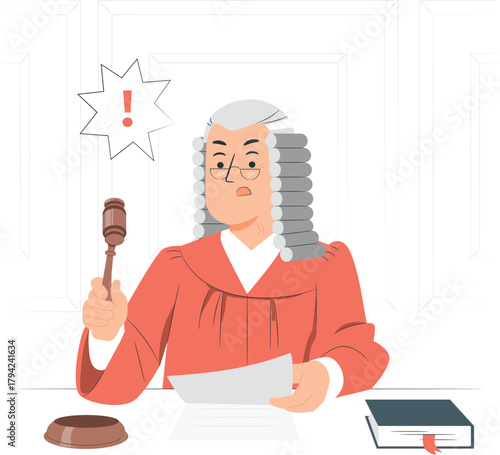 Stern Judge Holding Gavel and Document in Courtroom justice legal
