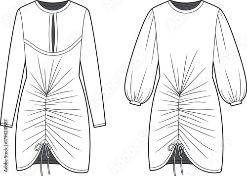 Ruched front dress with sleeve variation, drawstring hem, curved neckline, cad drawing flat vector illustration, fashion sketch, garment design