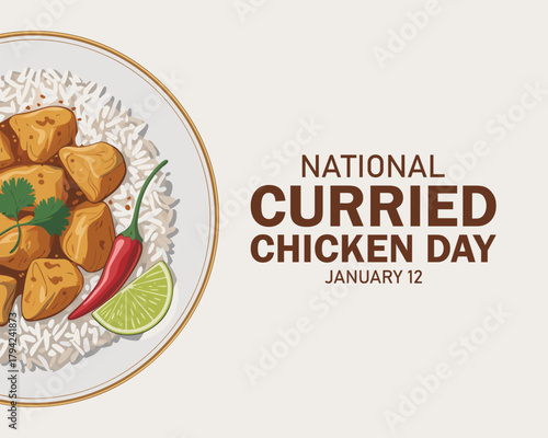 National Curried Chicken Day poster vector illustration. Chicken curry with rice, coriander and chili pepper icon. Chicken Tikka Masala on a plate drawing. January 12 each year.