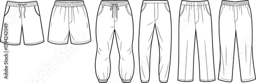 Shorts and pants collection front view, waistband and pocket variation, leg shape detail, cad drawing flat vector illustration